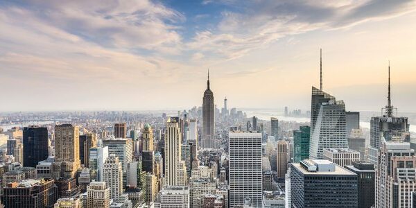 New York City, USA midtown Manhattan financial district skyline.